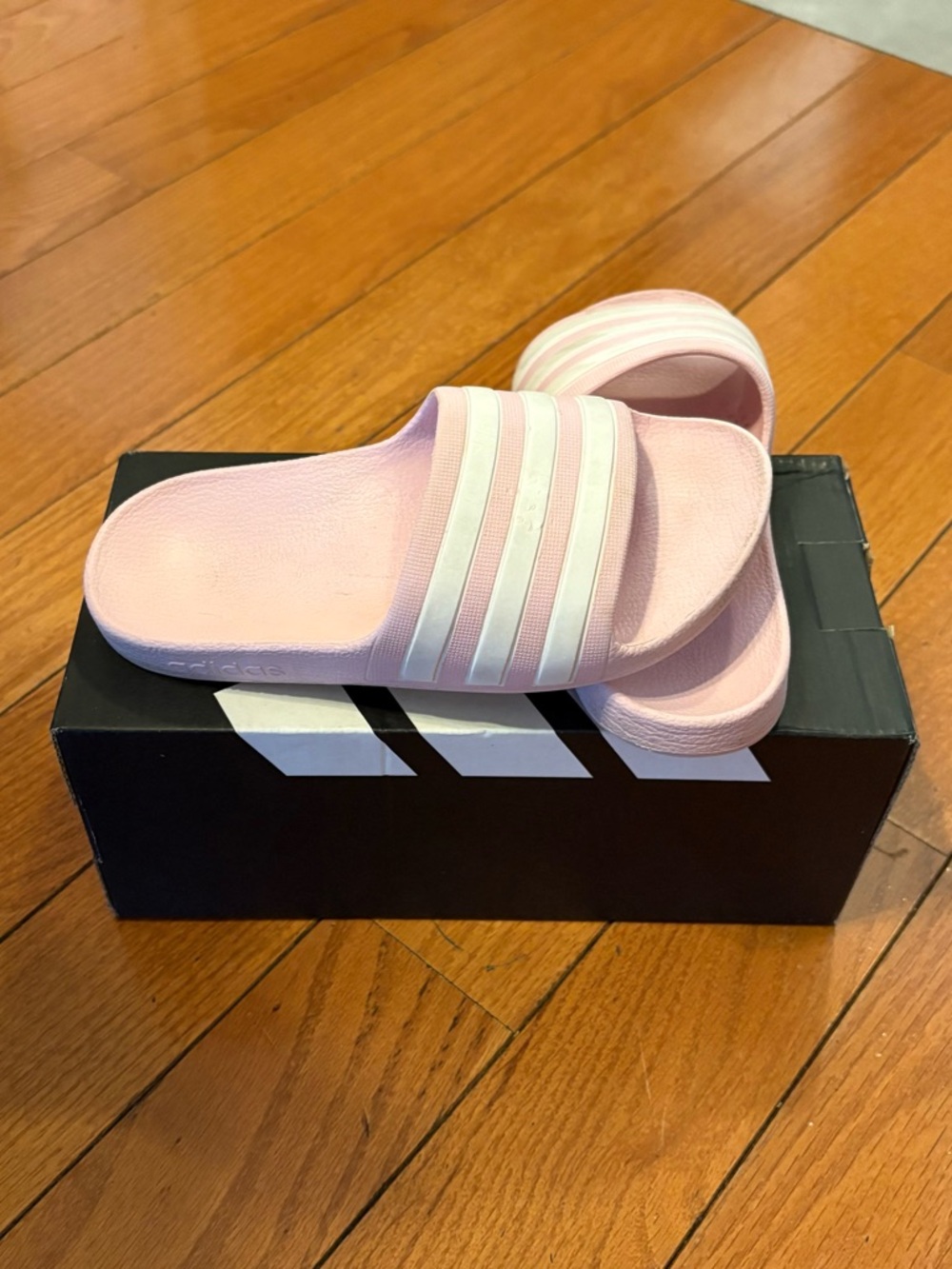Adidas Girls Pink Slide Sandals with White Stripes, Size 13